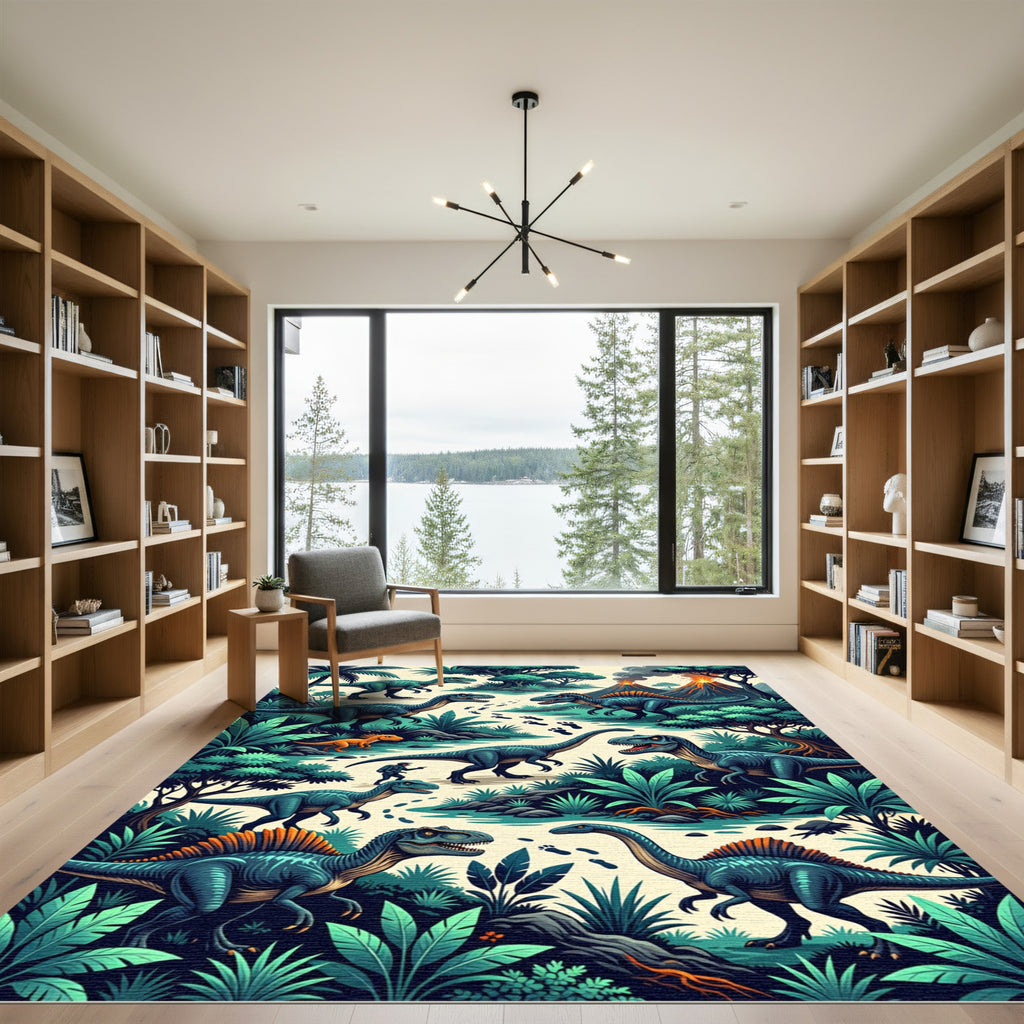 Vibrant Prehistoric Dinosaur Lush Jungle Landscape Rug