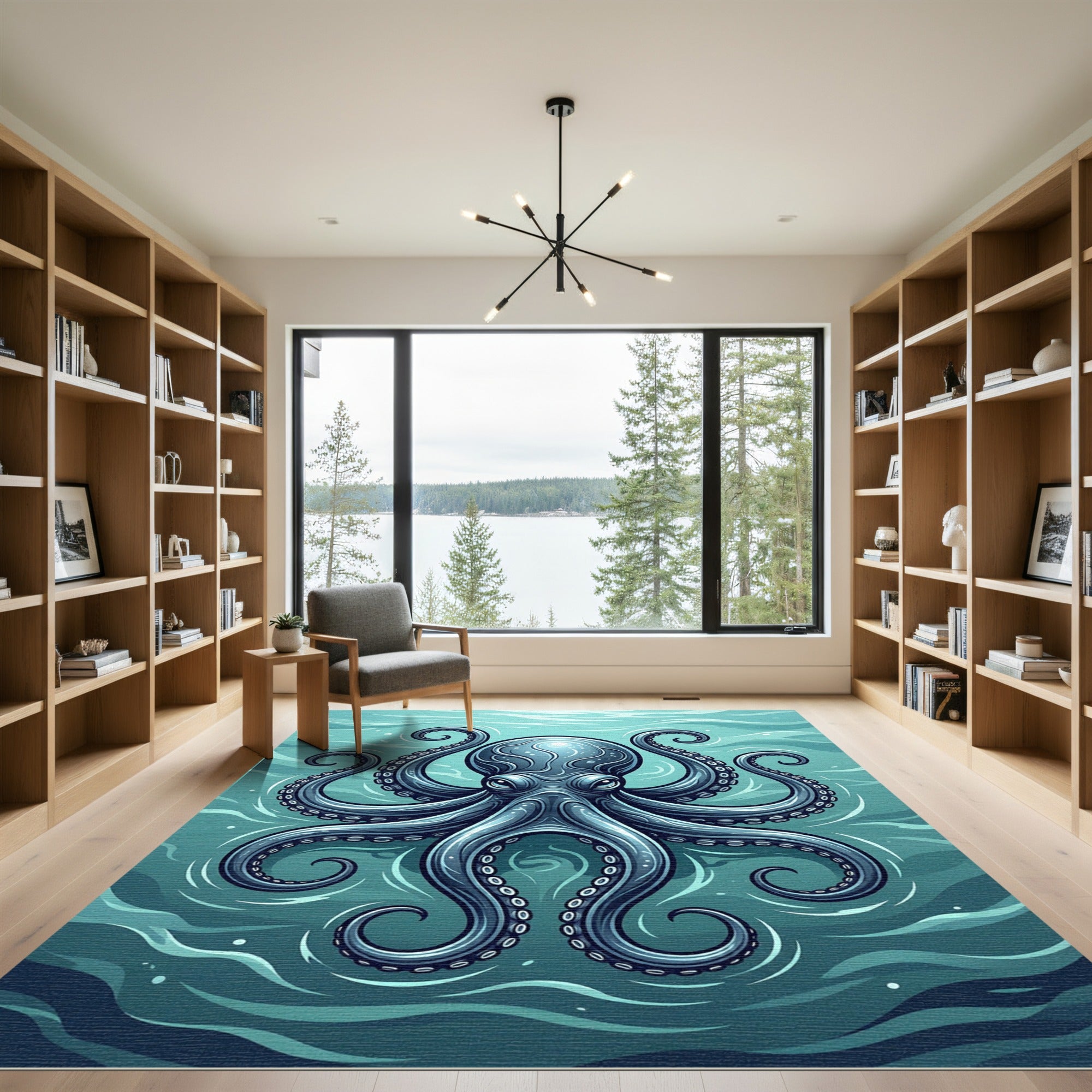 Mystical Deep Blue Ocean Octopus Rug