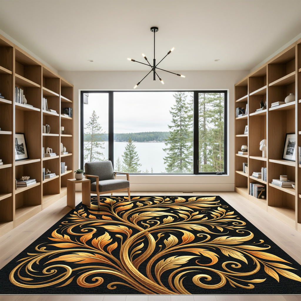 Elegant Golden Swirling Foliage Vine Rug