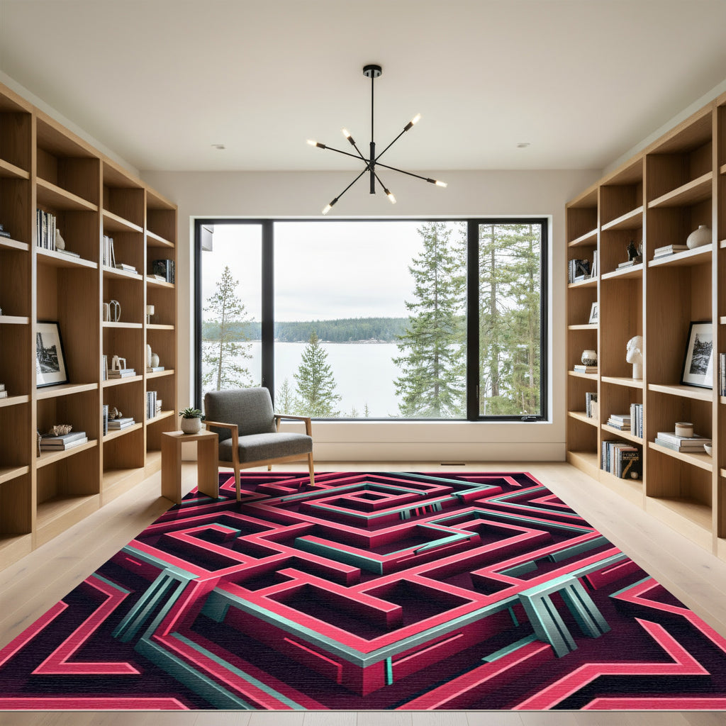 Modern Crimson Teal Geometric Labyrinth Rug