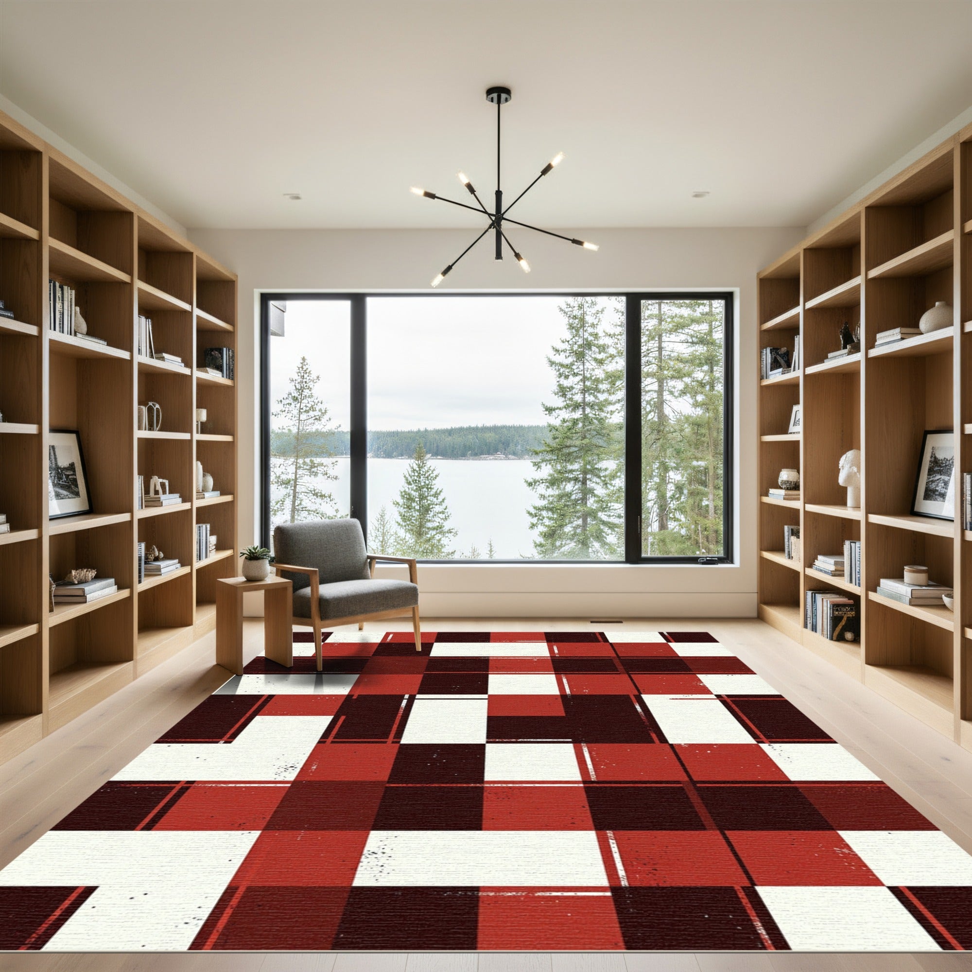 Modern Crimson Black Grid Geometric Rug