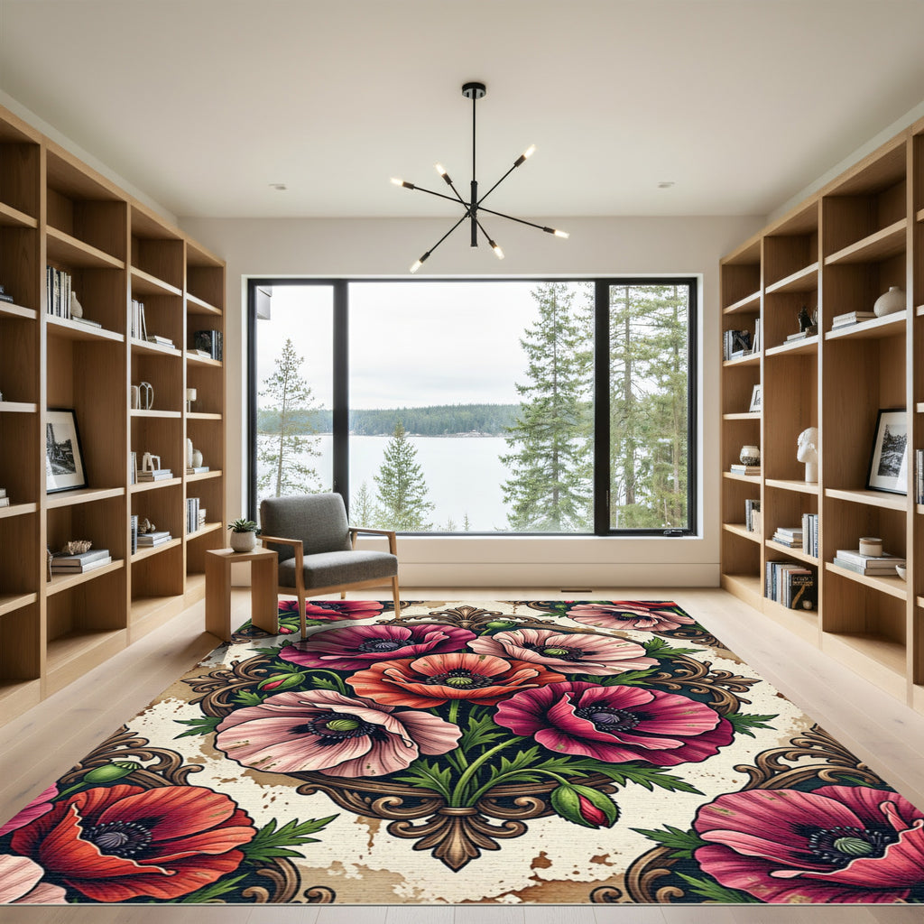 Elegant Poppy Floral Baroque Medallion Rug