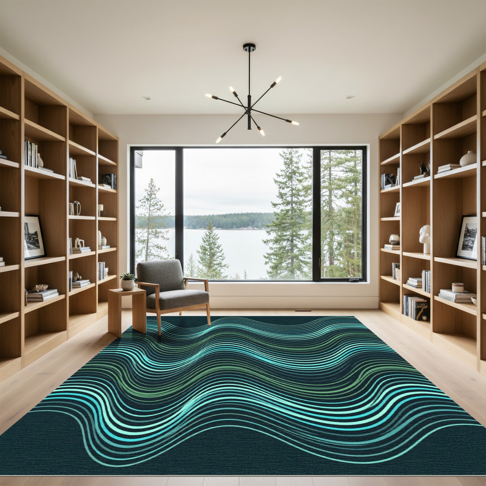 Aqua Green Wavy Line Composition Rug