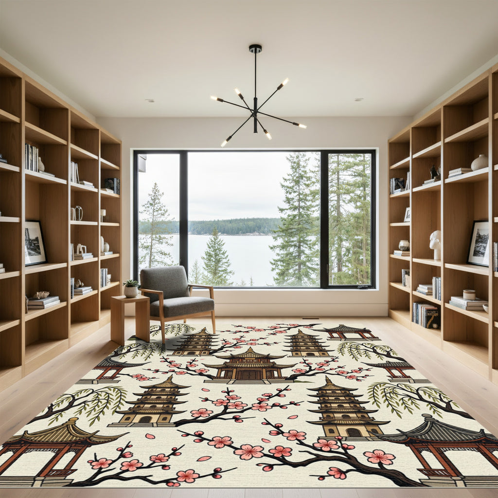 Pagoda Cherry Blossom Willow Scene Rug