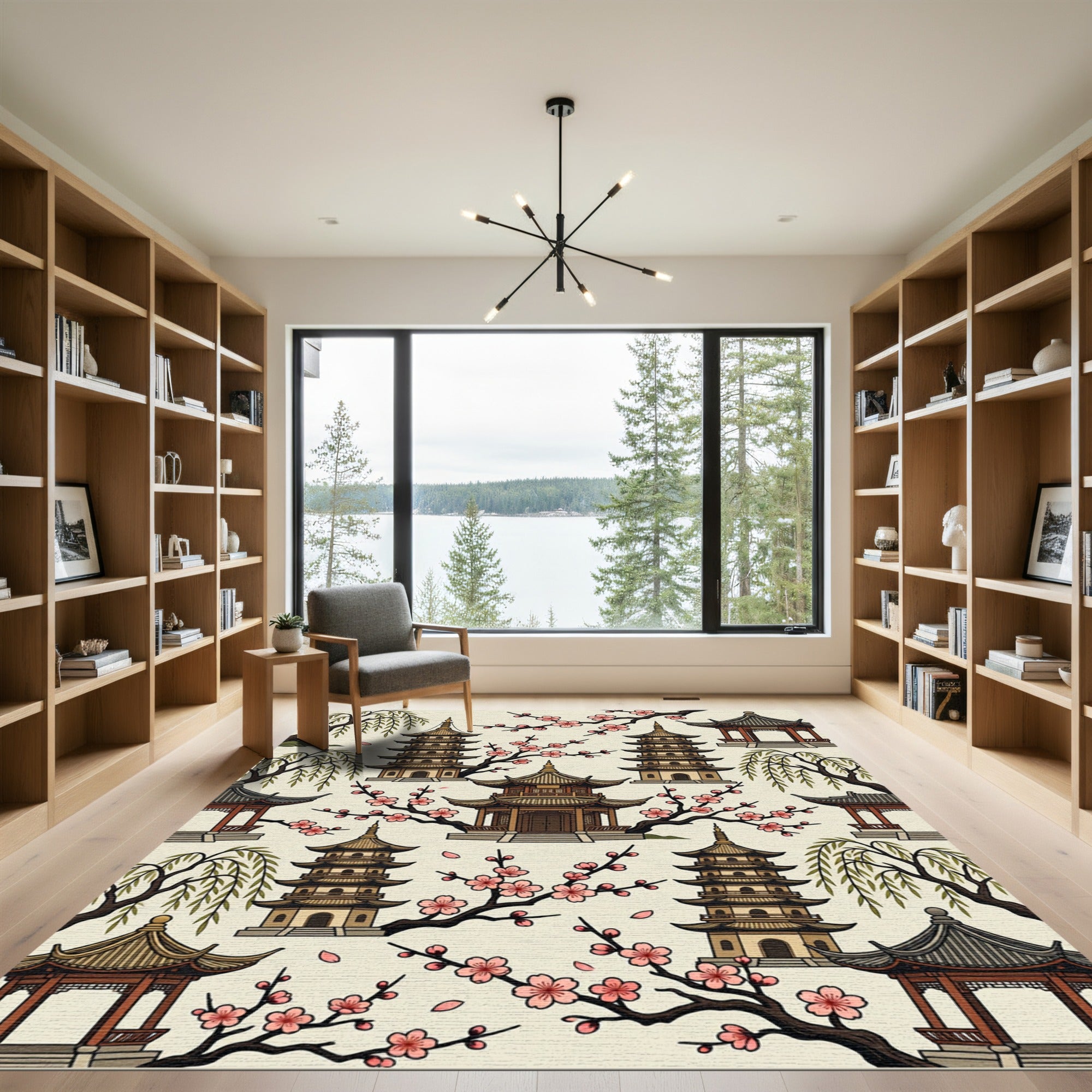 Pagoda Cherry Blossom Willow Scene Rug