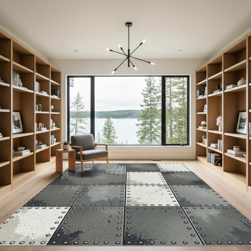 Industrial Gray Riveted Steel Plate Rug