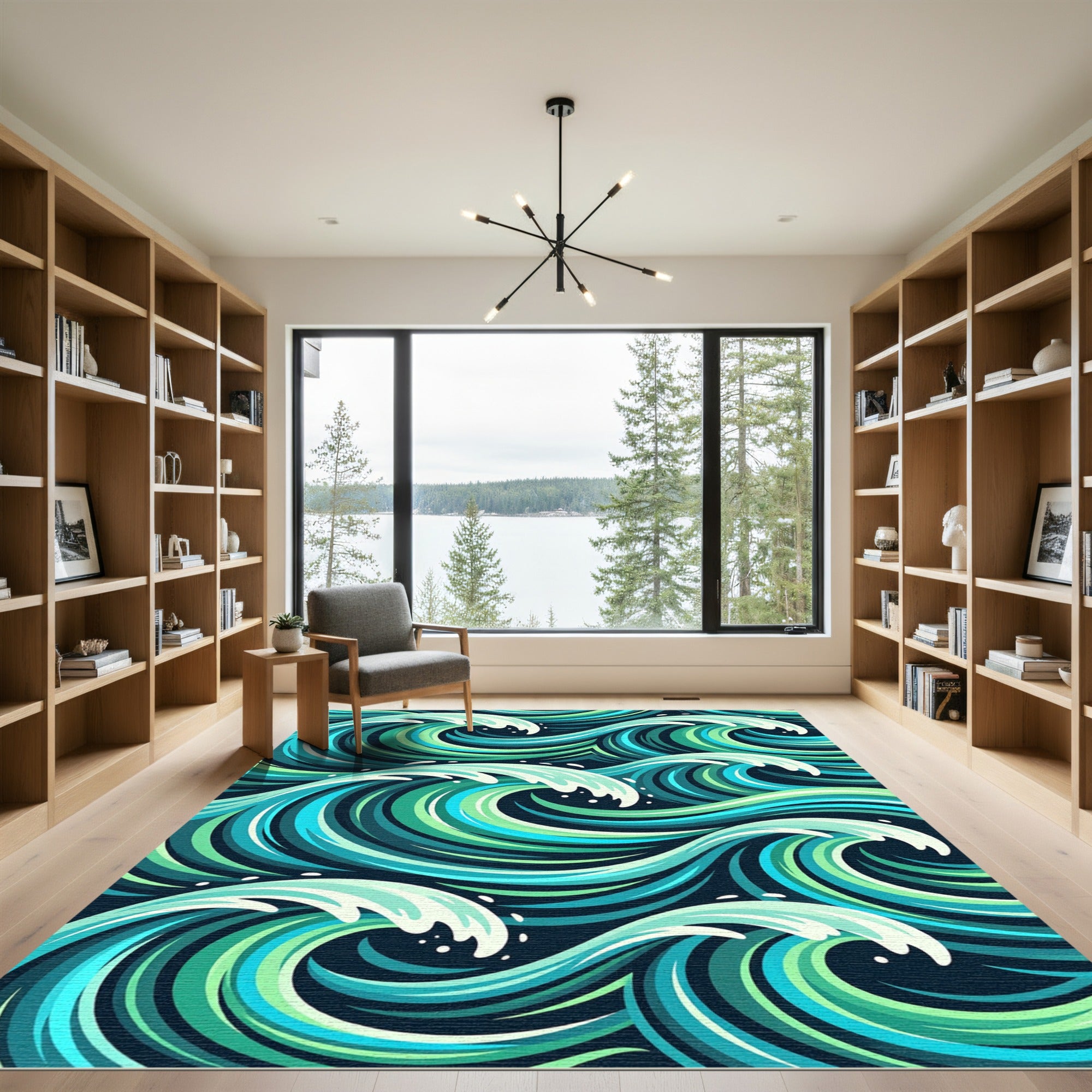 Oceanic Teal Swirling Waves Rug
