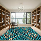 Geometric Teal and Gold Interlocking Grid Rug