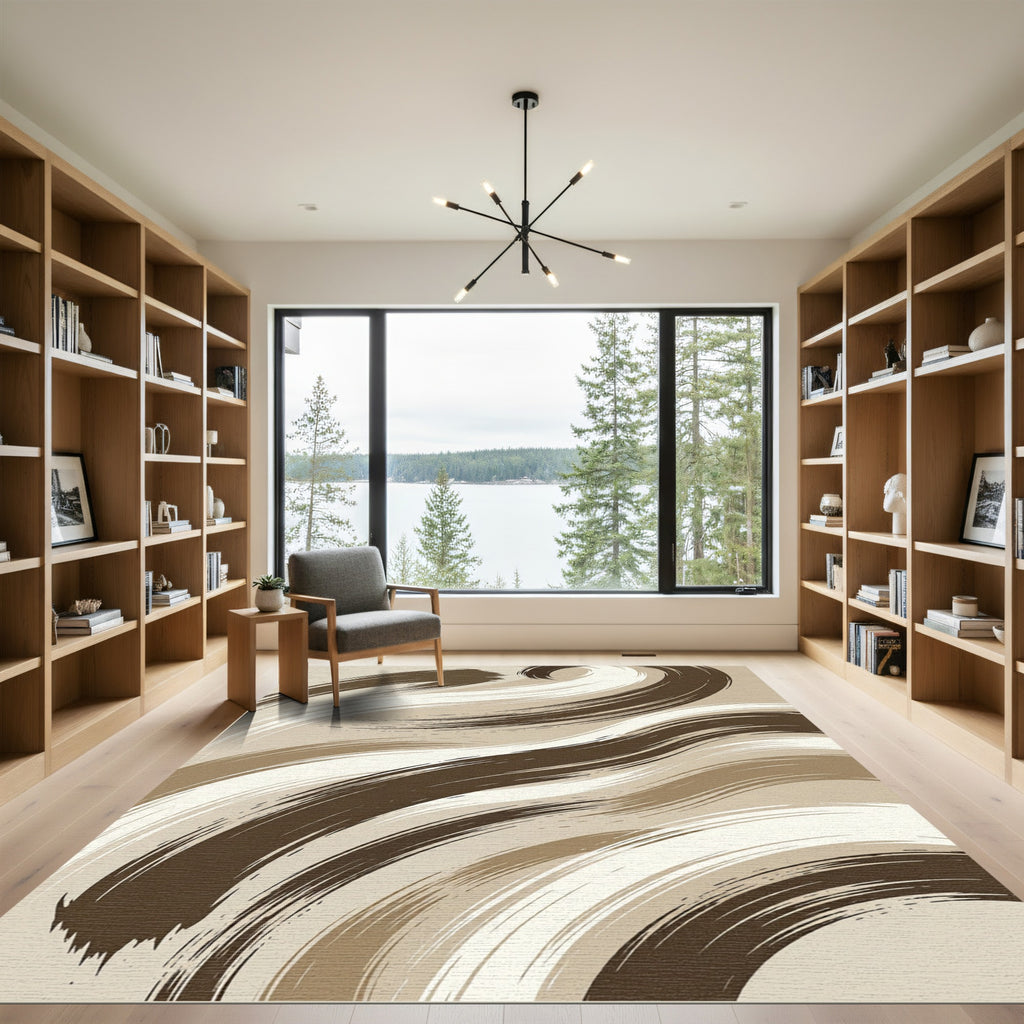 Abstract Taupe and Cream Swirling Waves Rug