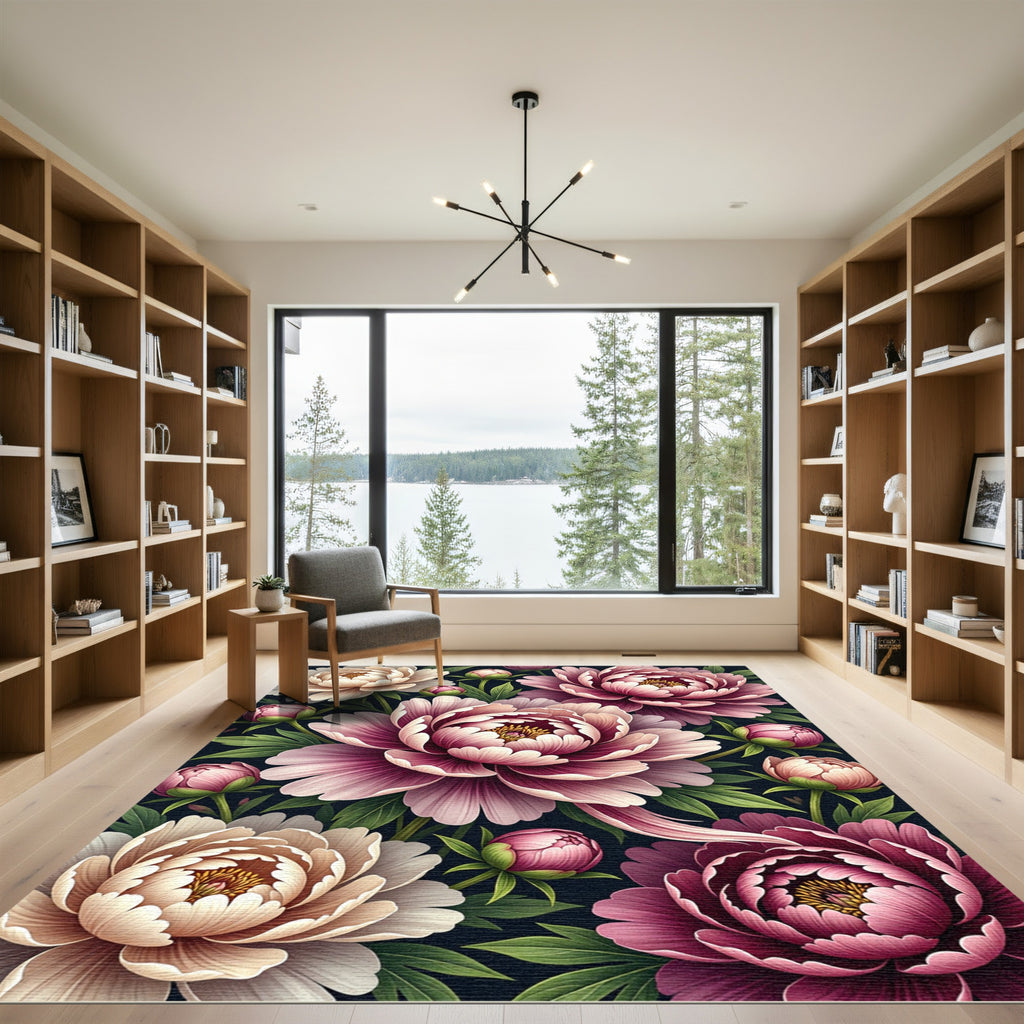Rich Plum Pink Peony Floral Explosion Rug