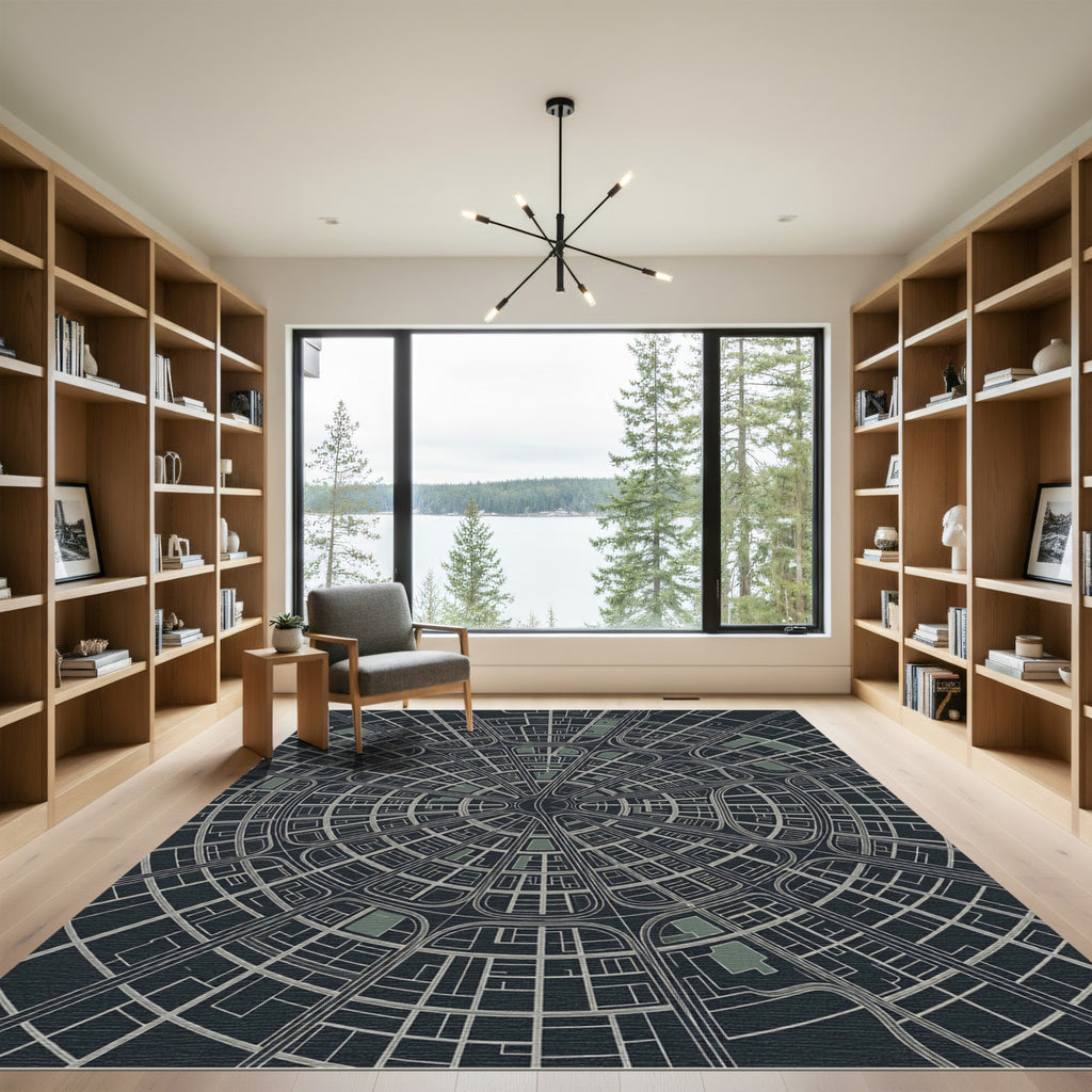 Circular Urban Map Geometric Monochrome Rug