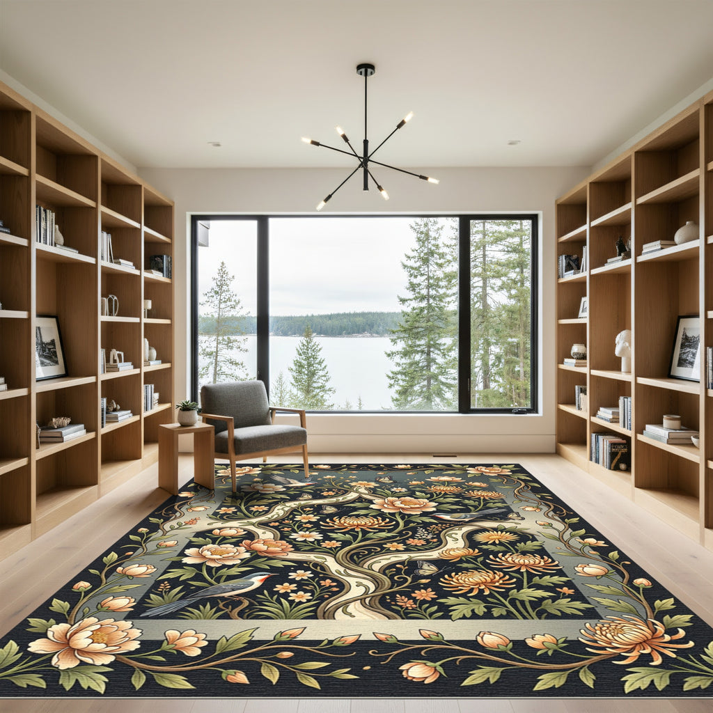 Ornate Peach Blossom Birds Butterflies Rug