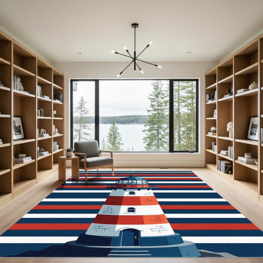 Nautical Red White Blue Lighthouse Stripes Rug