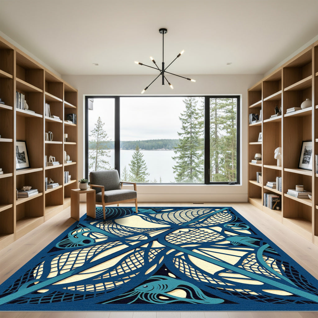 Abstract Navy Blue Sea Net Swirl Rug