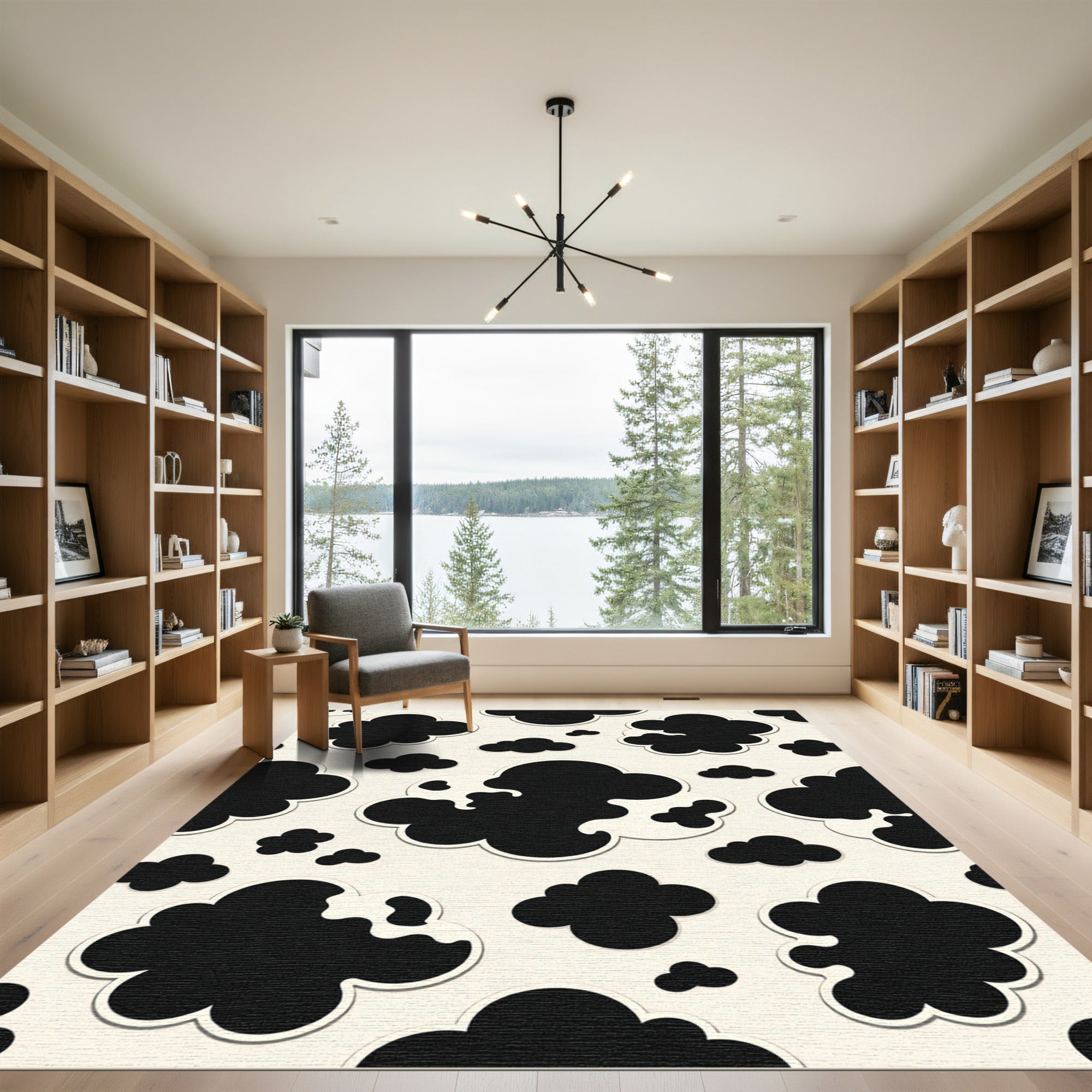 Minimalist Black and Cream Cloudy Texture Rug