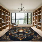 Ornate Golden Charcoal Lotus Mandala Rug