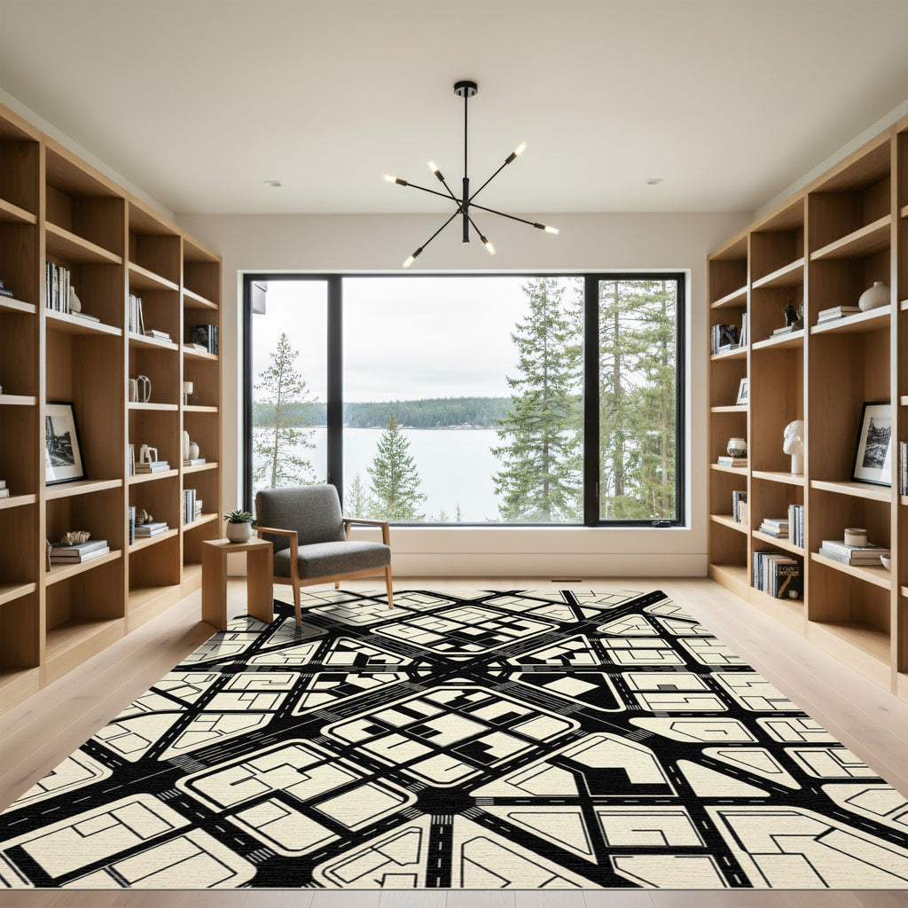 Modern Monochrome Abstract Urban Grid Rug