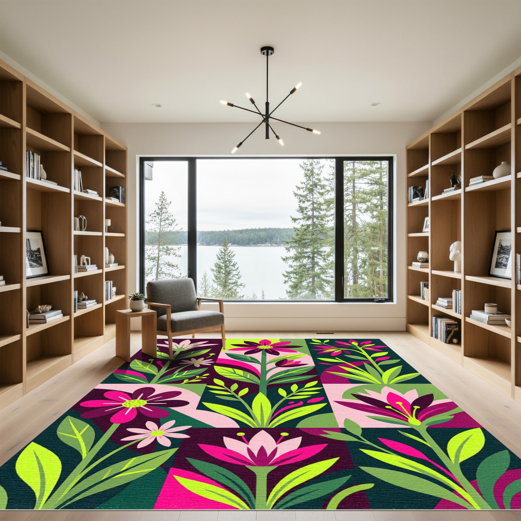 Bold Modern Floral Botanical Grid Rug