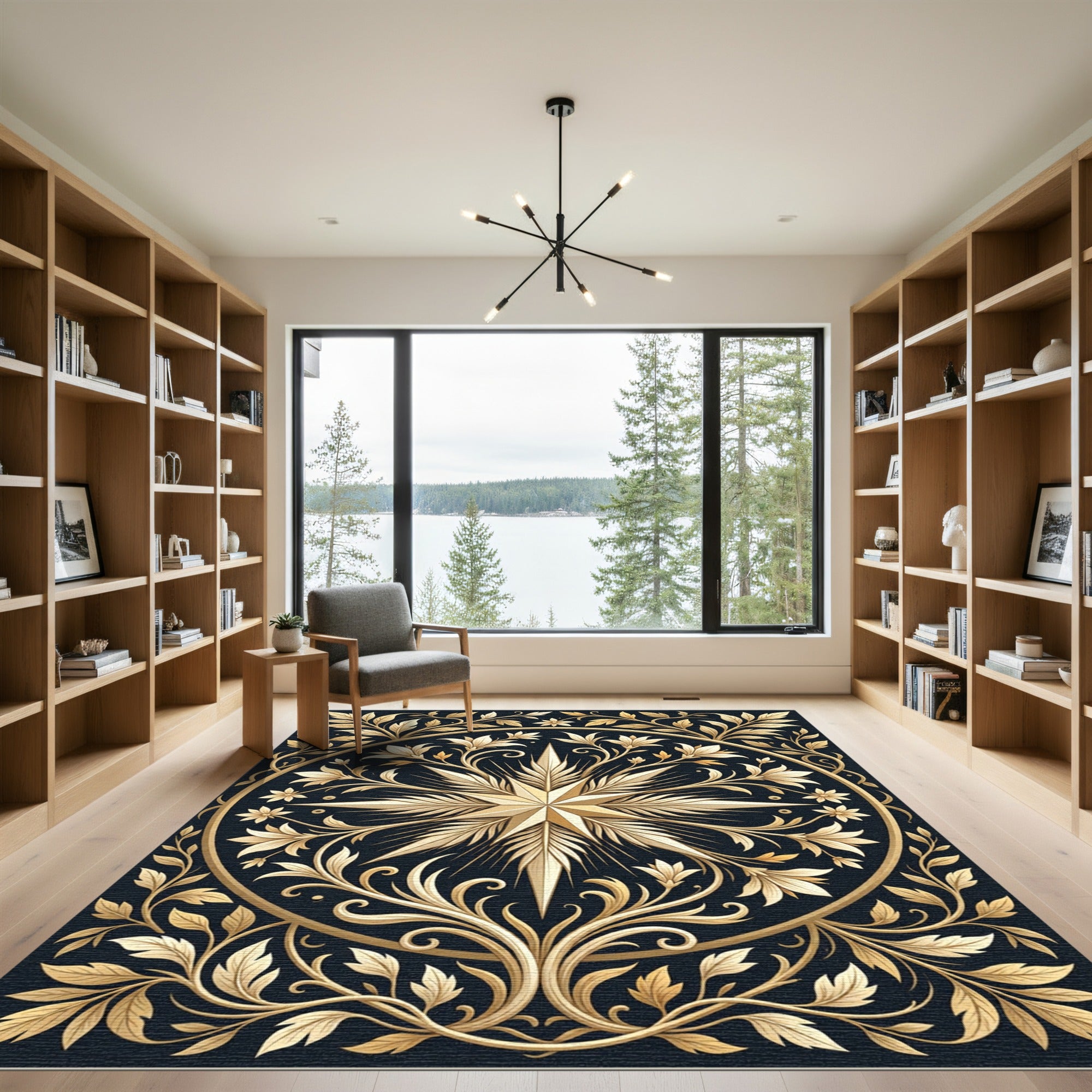 Golden Starburst Ornate Floral Mandala Rug