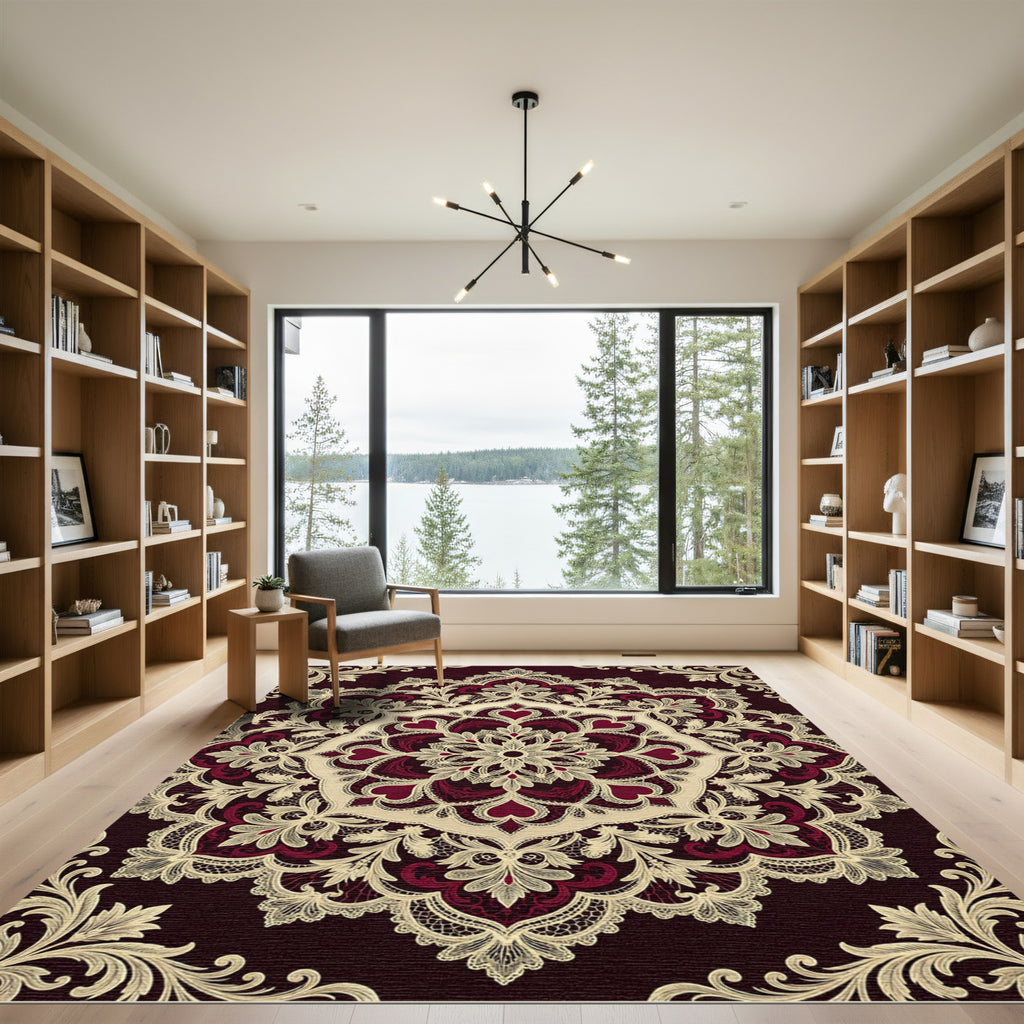 Burgundy Cream Lace Medallion Arrangement Rug