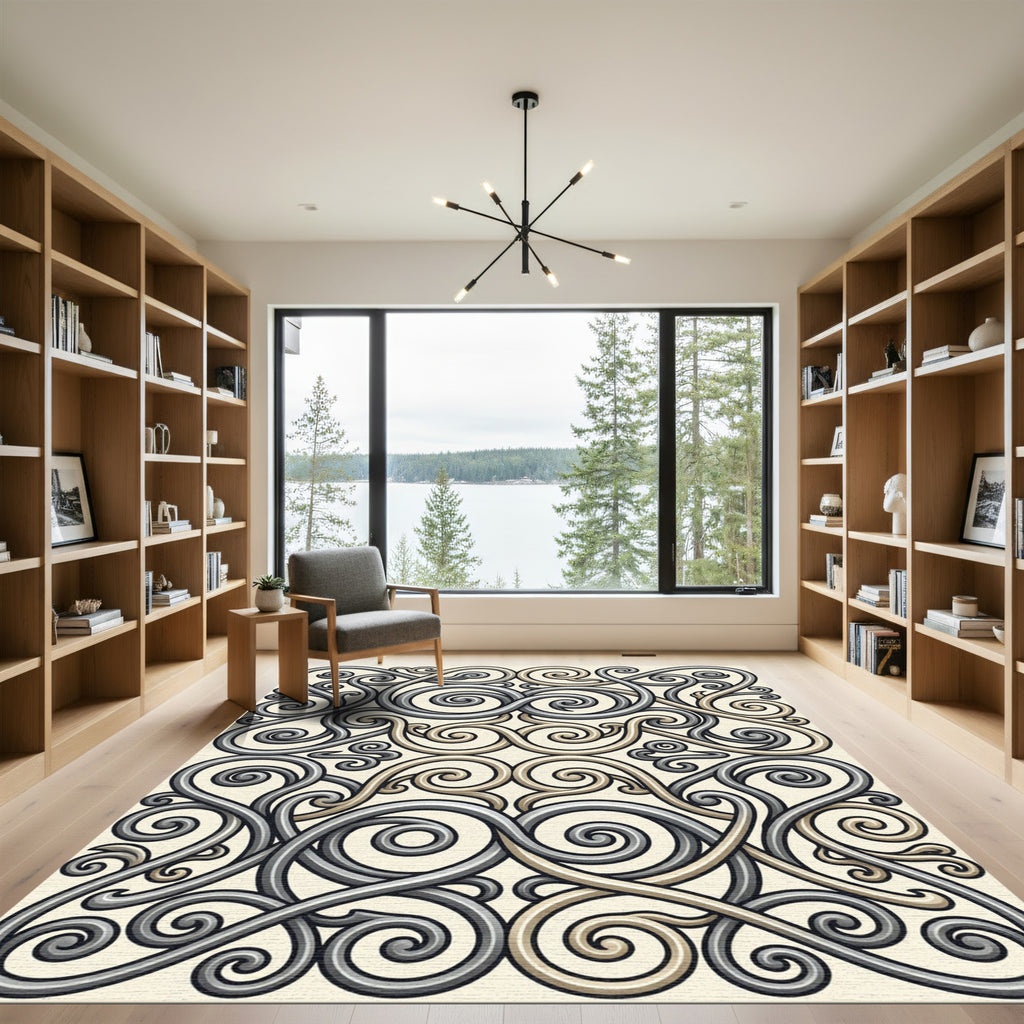 Ornate Gray Beige Scrollwork Rug