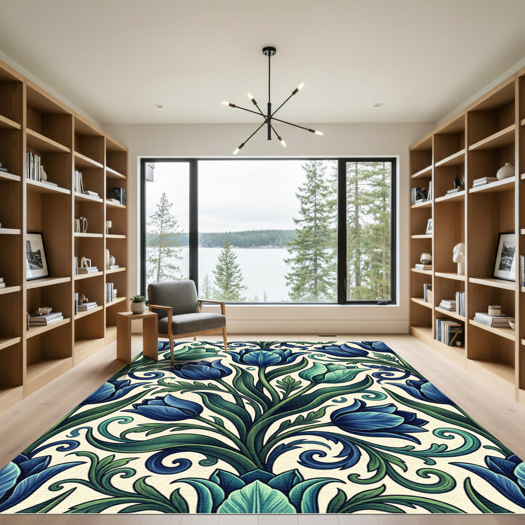Elegant Blue Floral Art Nouveau Meadow Rug