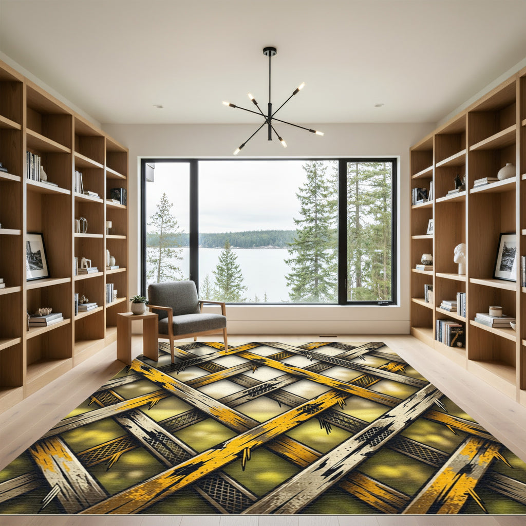 Weathered Yellow Lattice Over Green Field Rug