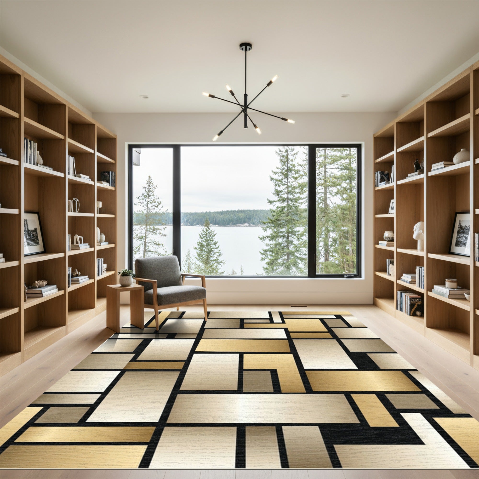 Golden Beige Contemporary Rectilinear Composition Rug