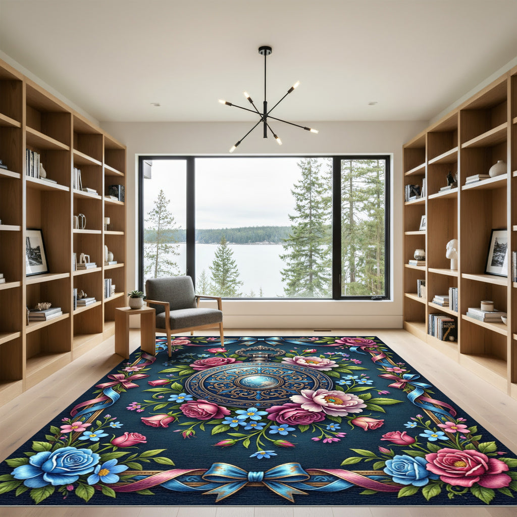 Ornate Floral Clock Medallion Navy Rug