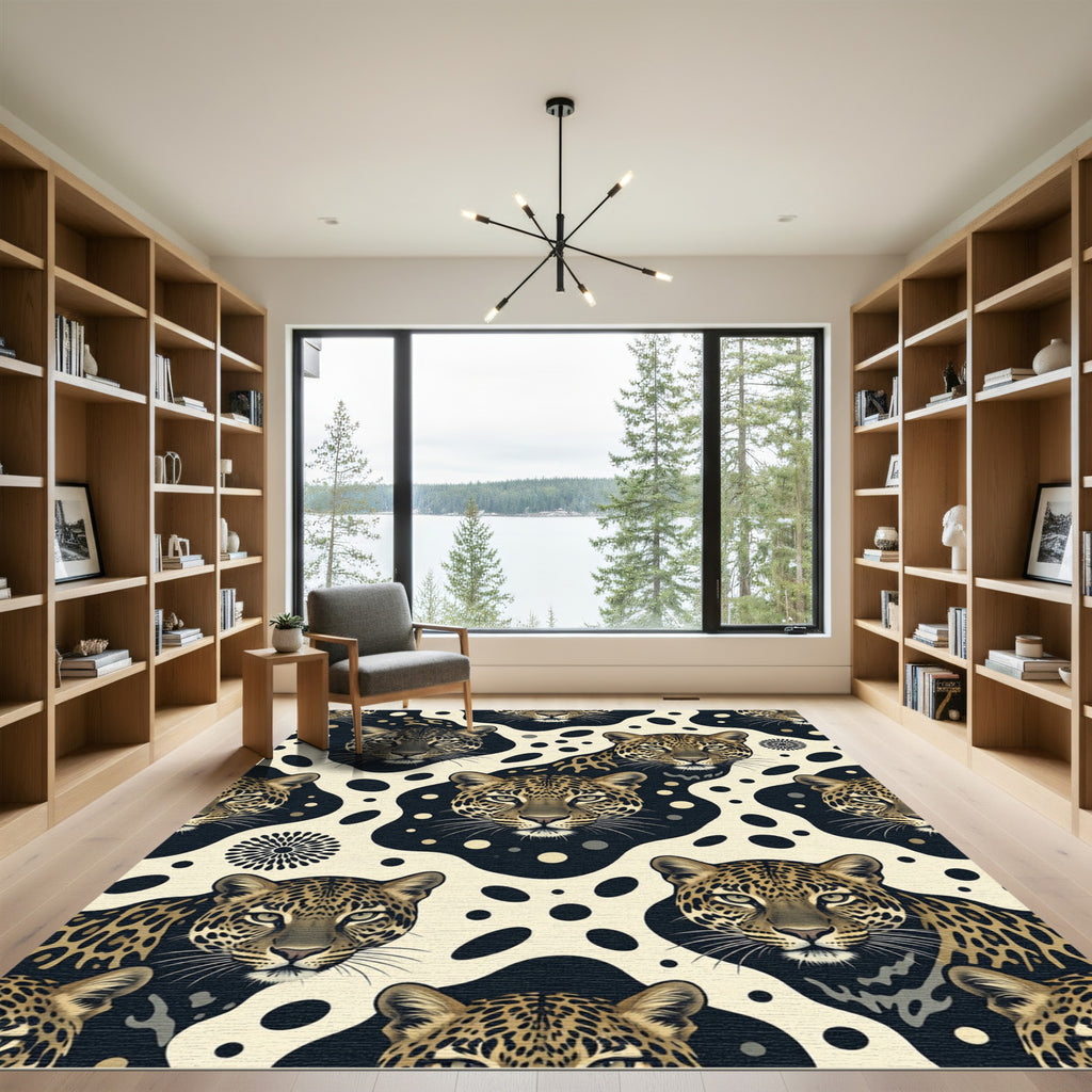 Elegant Cream Leopard Face Ink Blot Rug