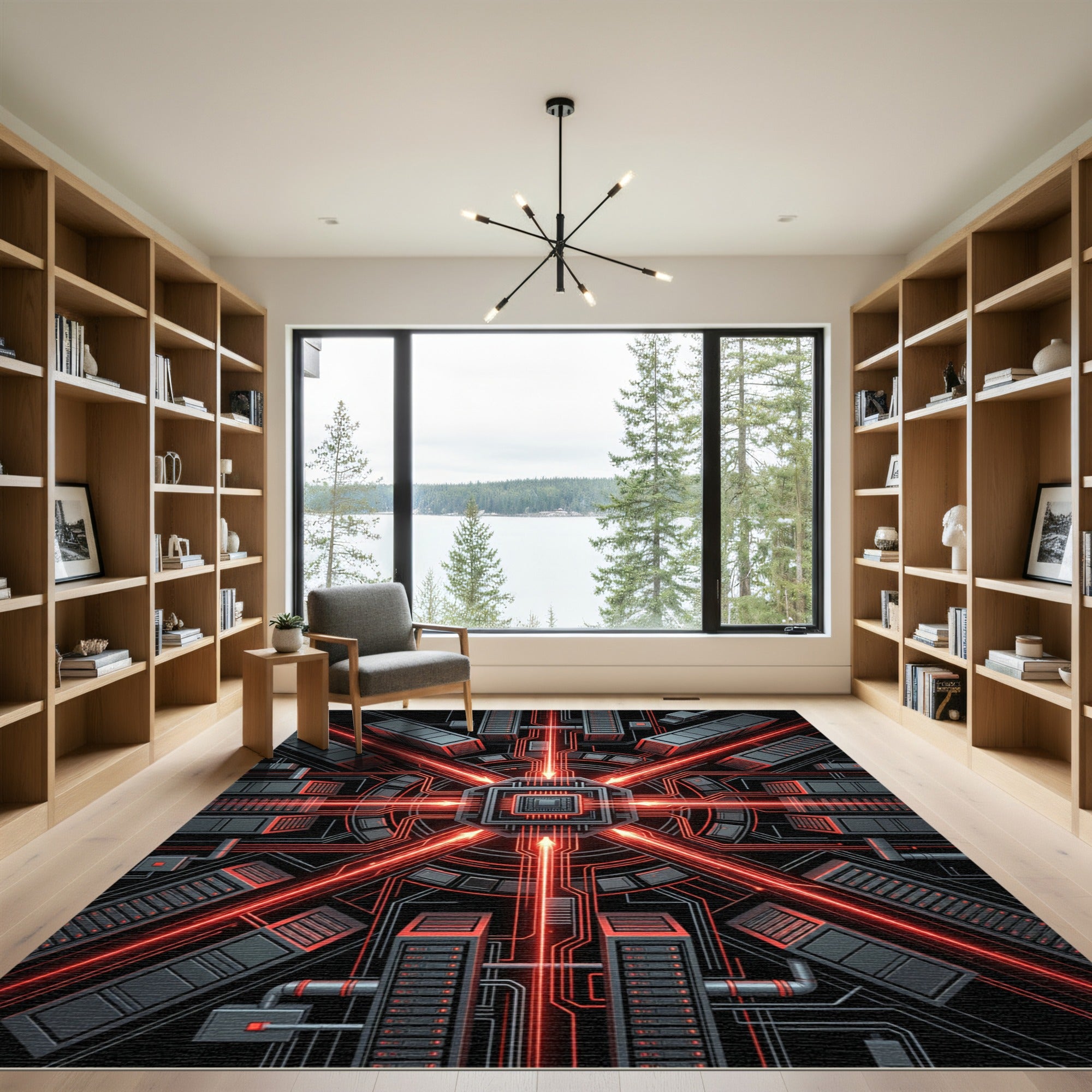Cybernetic Red Circuit Board Abstract Rug