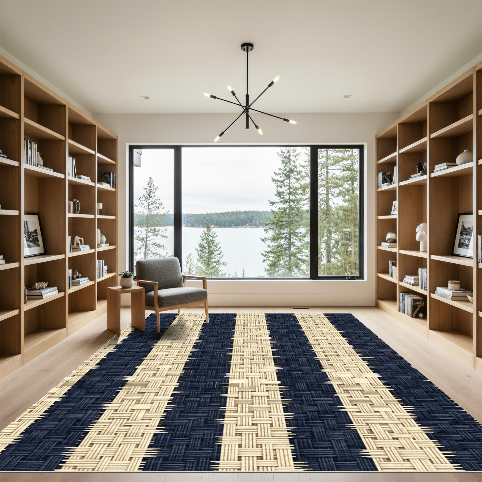 Modern Navy and Cream Vertical Stripe Rug