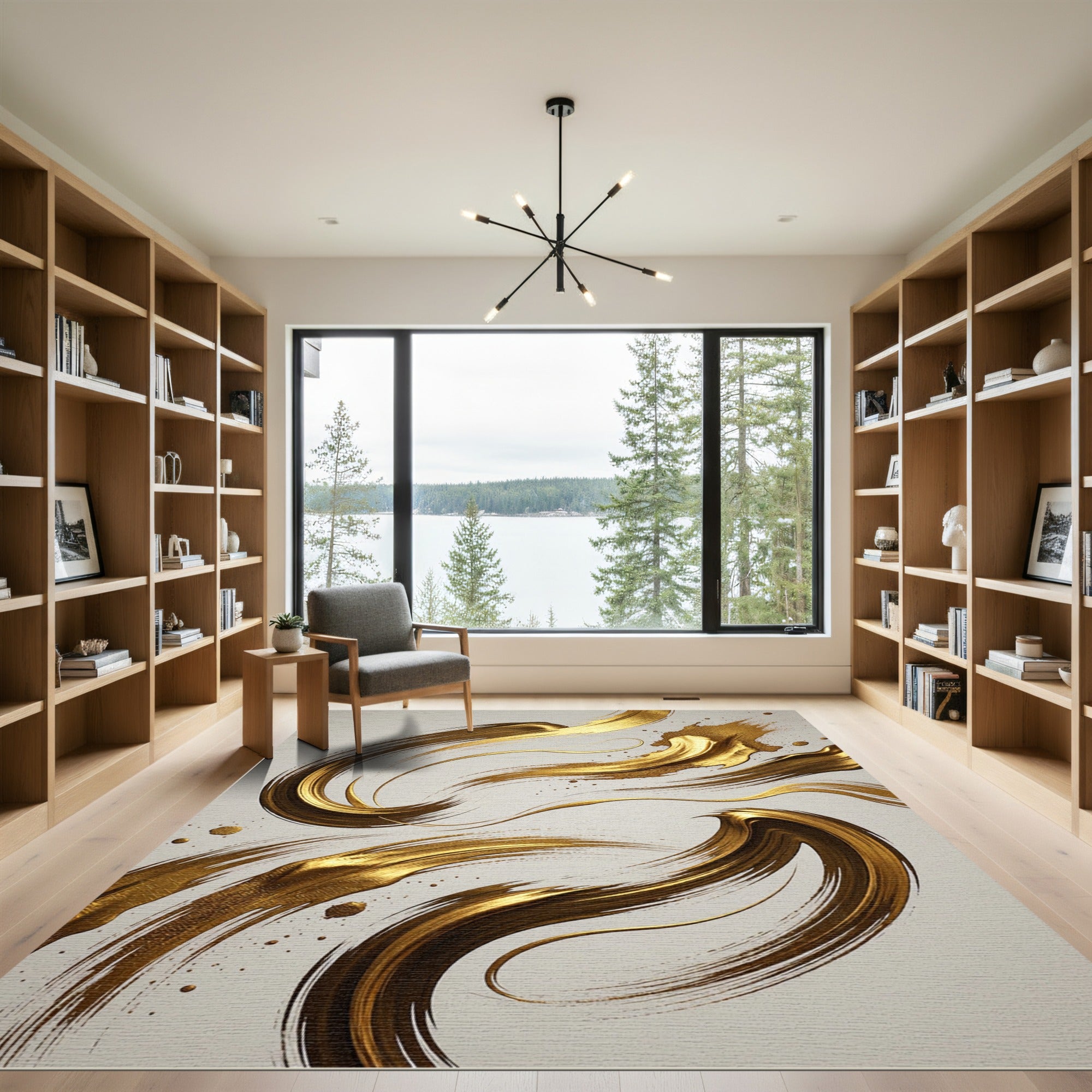 Elegant Golden Swirl Abstract Art Rug