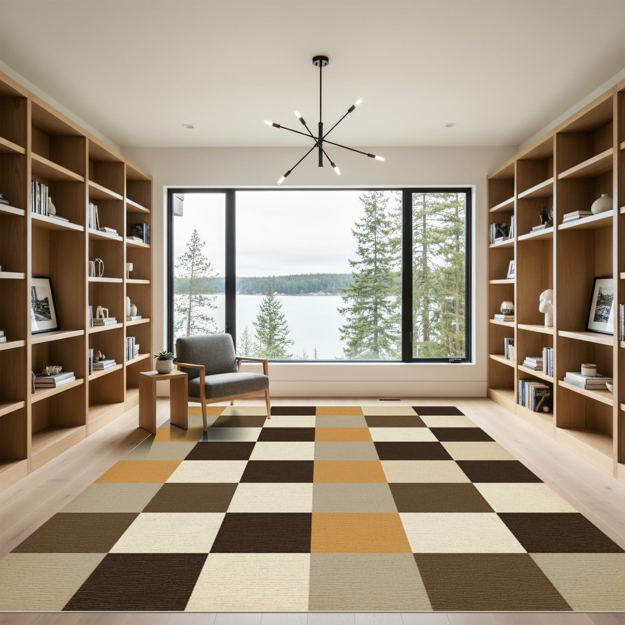Earthy Brown Tan Square Checkerboard Rug