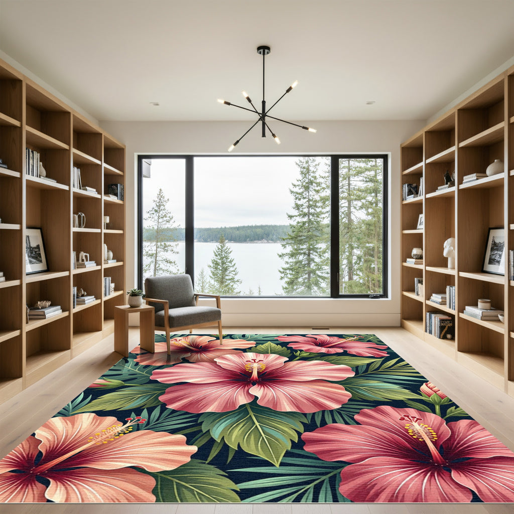 Coral Pink Hibiscus Tropical Foliage Rug