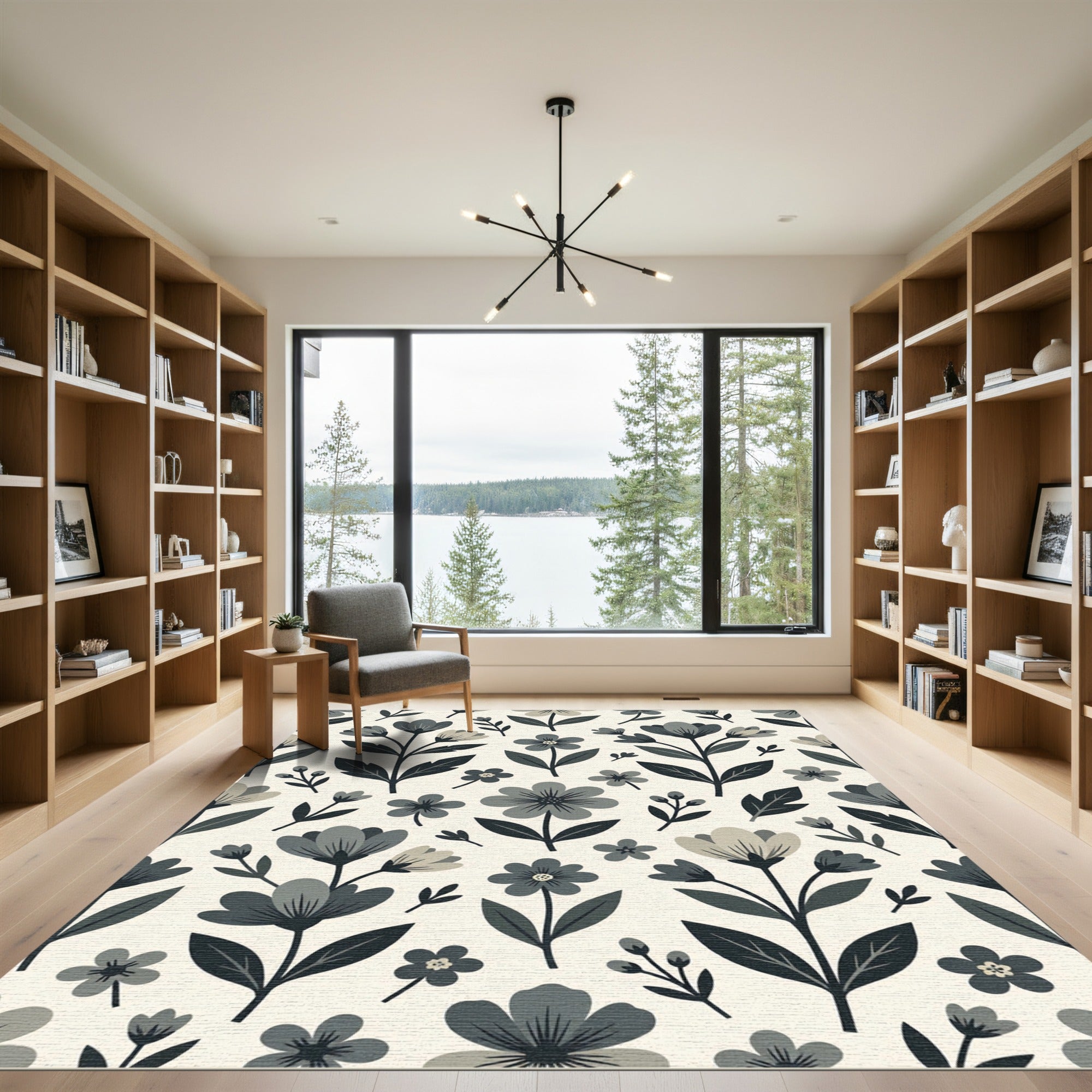 Minimalist Monochrome Botanical Floral Area Rug