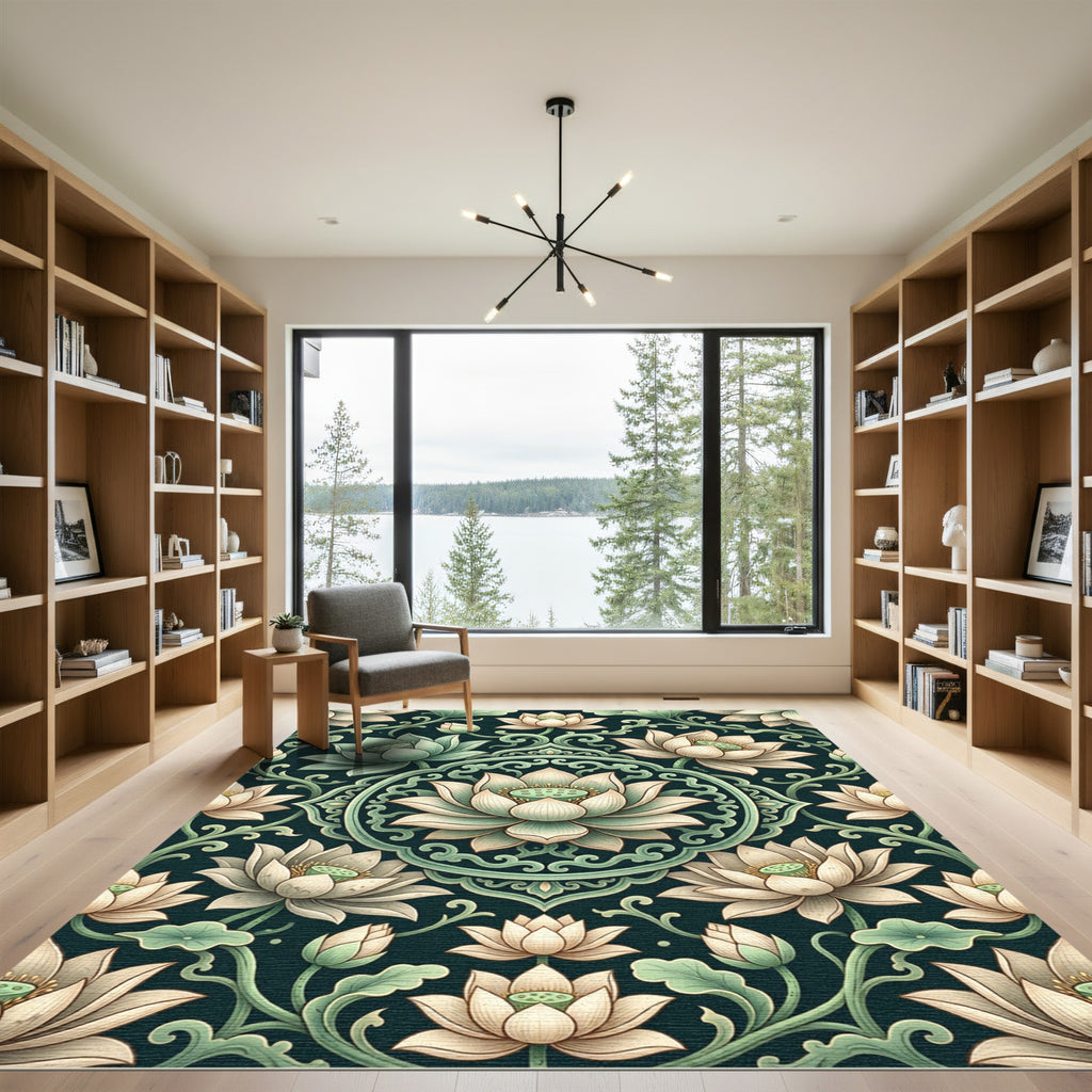 Elegant Lotus Floral Sage Dark Medallion Rug