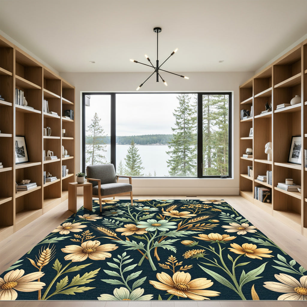 Wildflower Meadow Botanical Dark Floral Wallpaper Rug