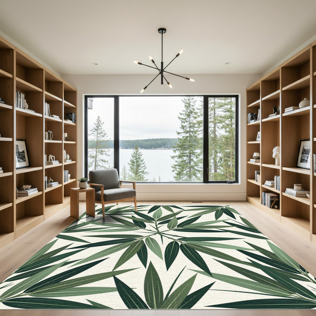 Lush Green Botanical Bamboo Leaf Rug