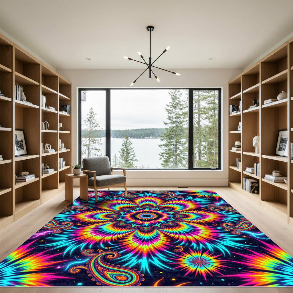 Vibrant Neon Trippy Psychedelic Paisley Mandala Rug