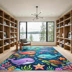 Vibrant Whale Dolphin Sea Turtle Watercolor Rug