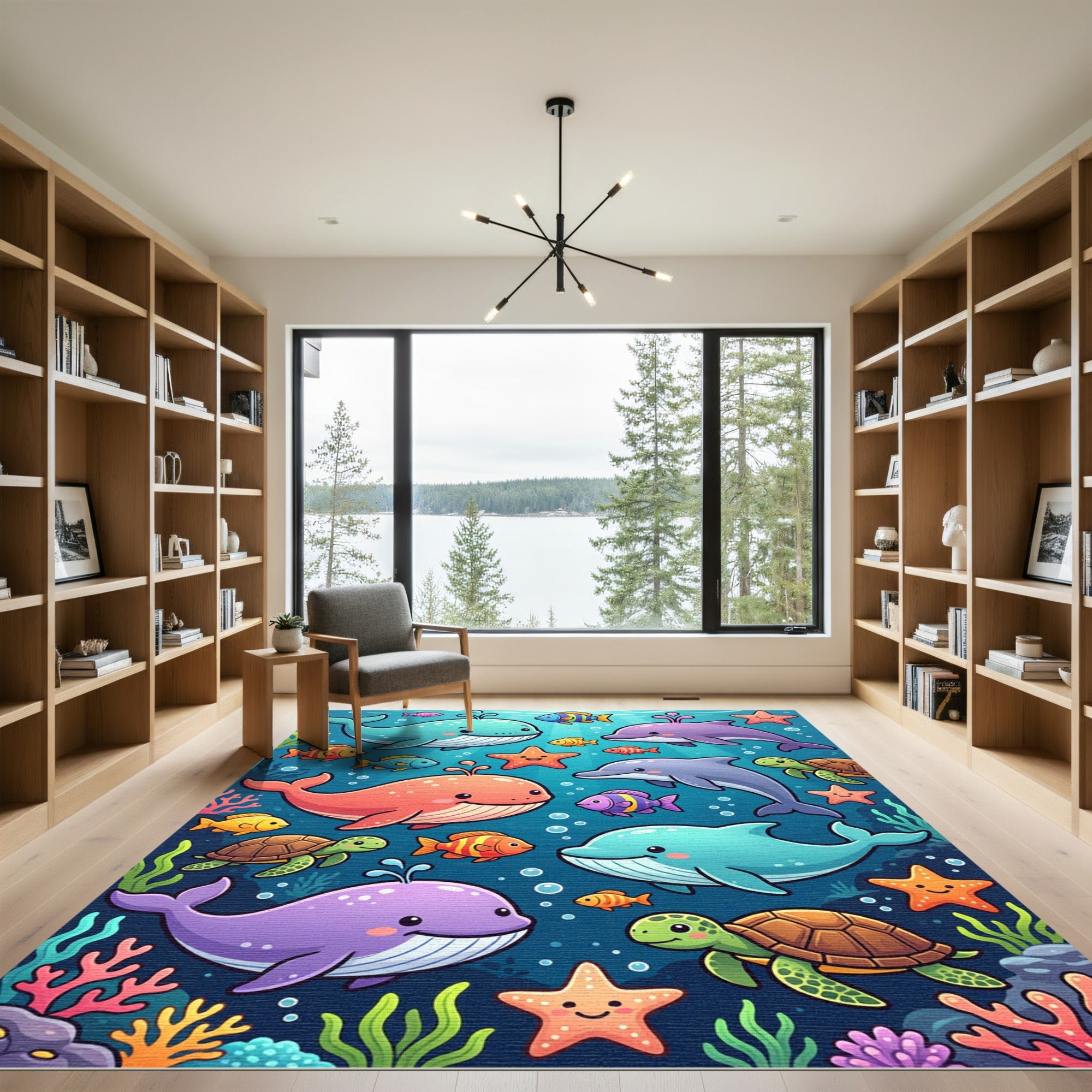 Vibrant Whale Dolphin Sea Turtle Watercolor Rug