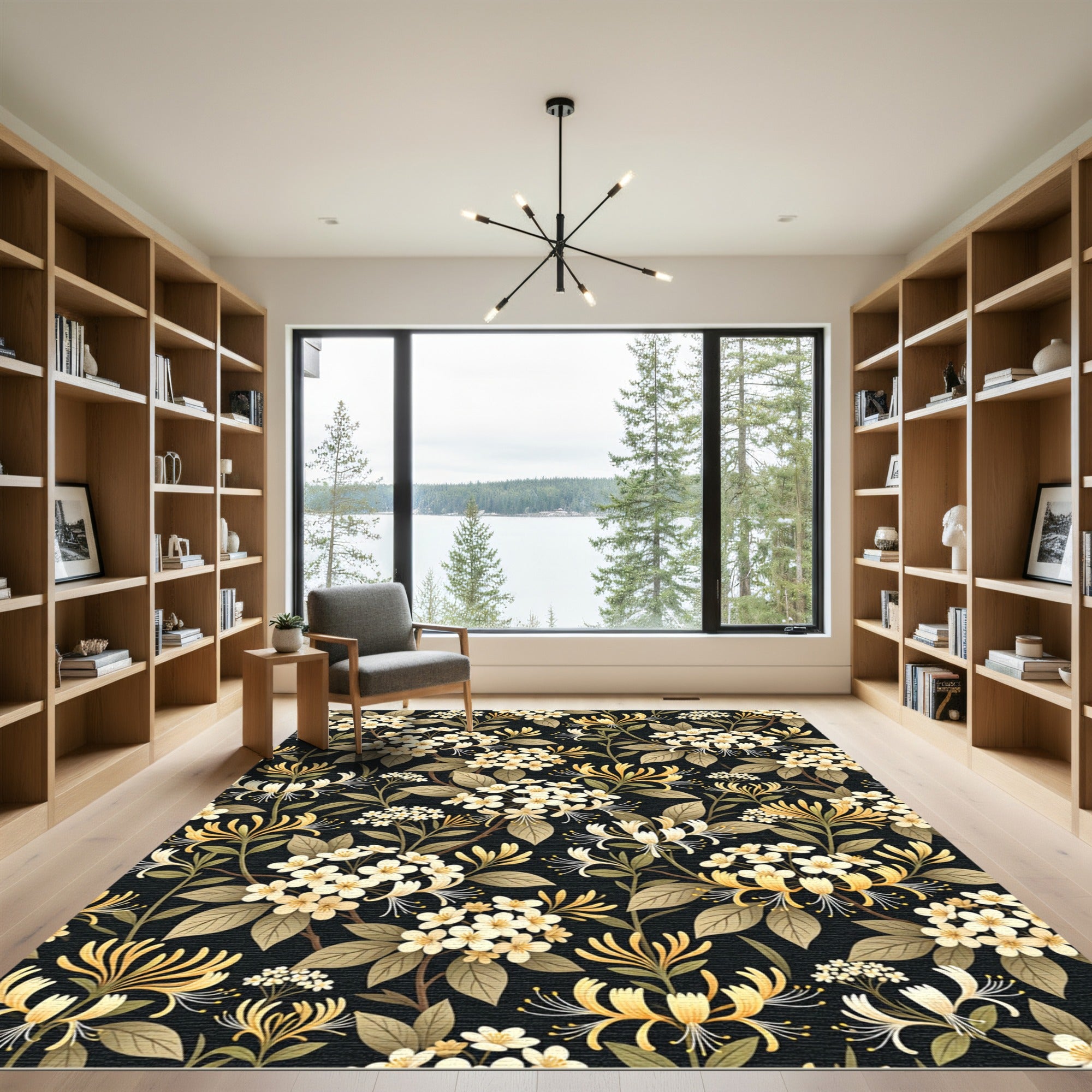 Elegance Cream Honeysuckle White Floral Black Rug