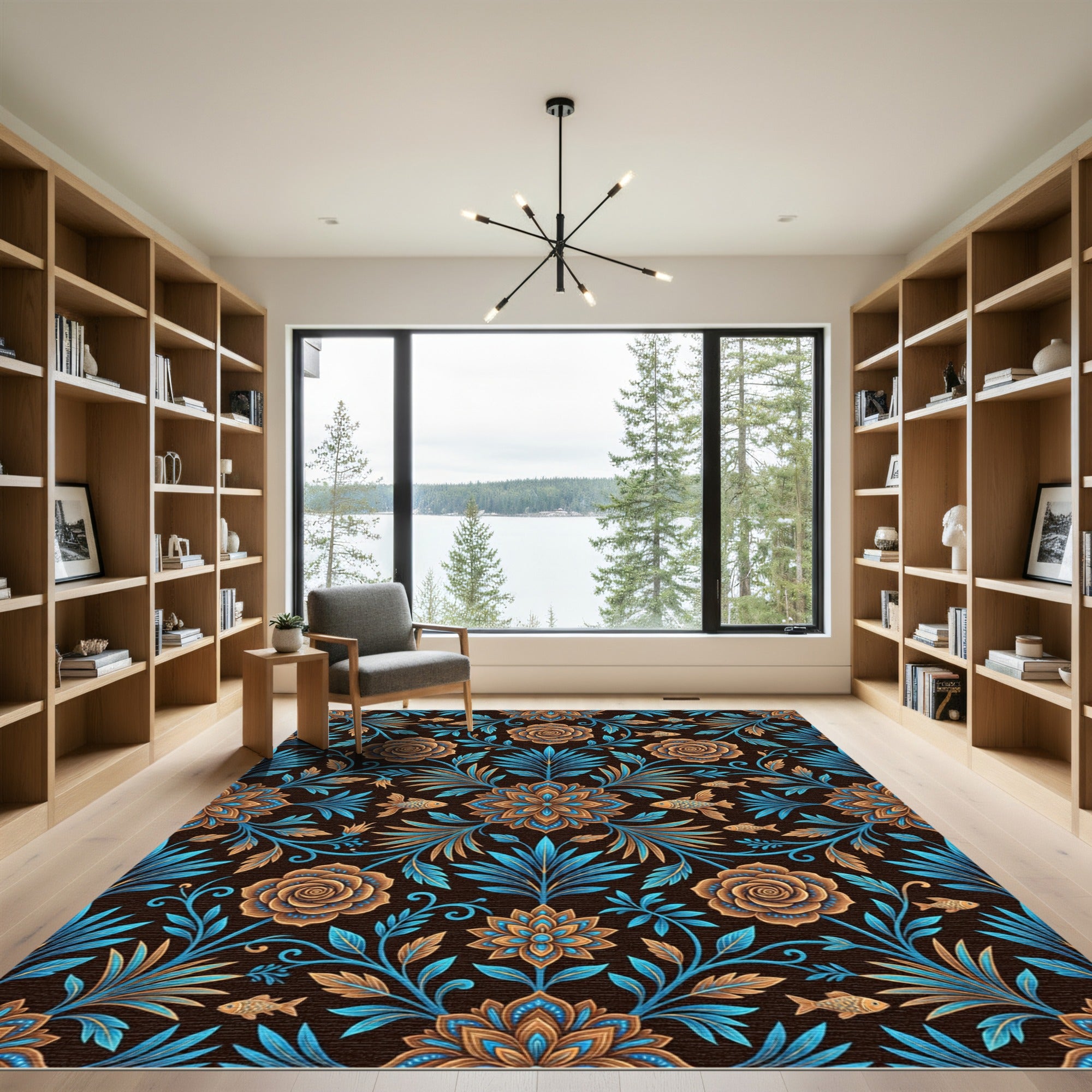 Botanical Blue and Copper Floral Fish Rug