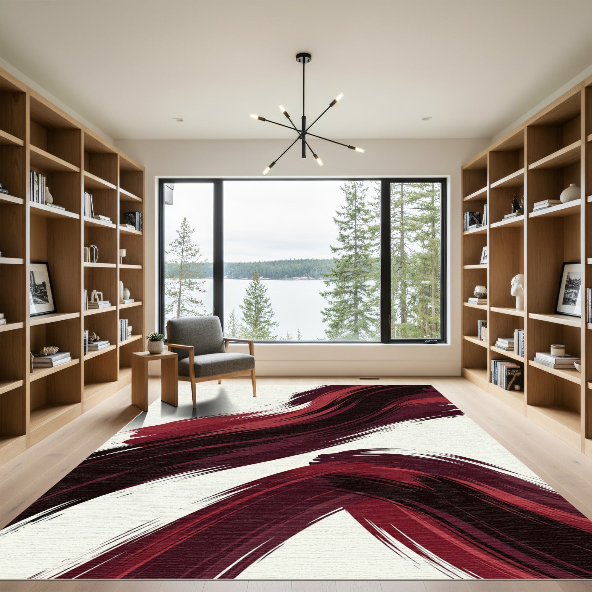 Modern Crimson Swirl Abstract Area Rug