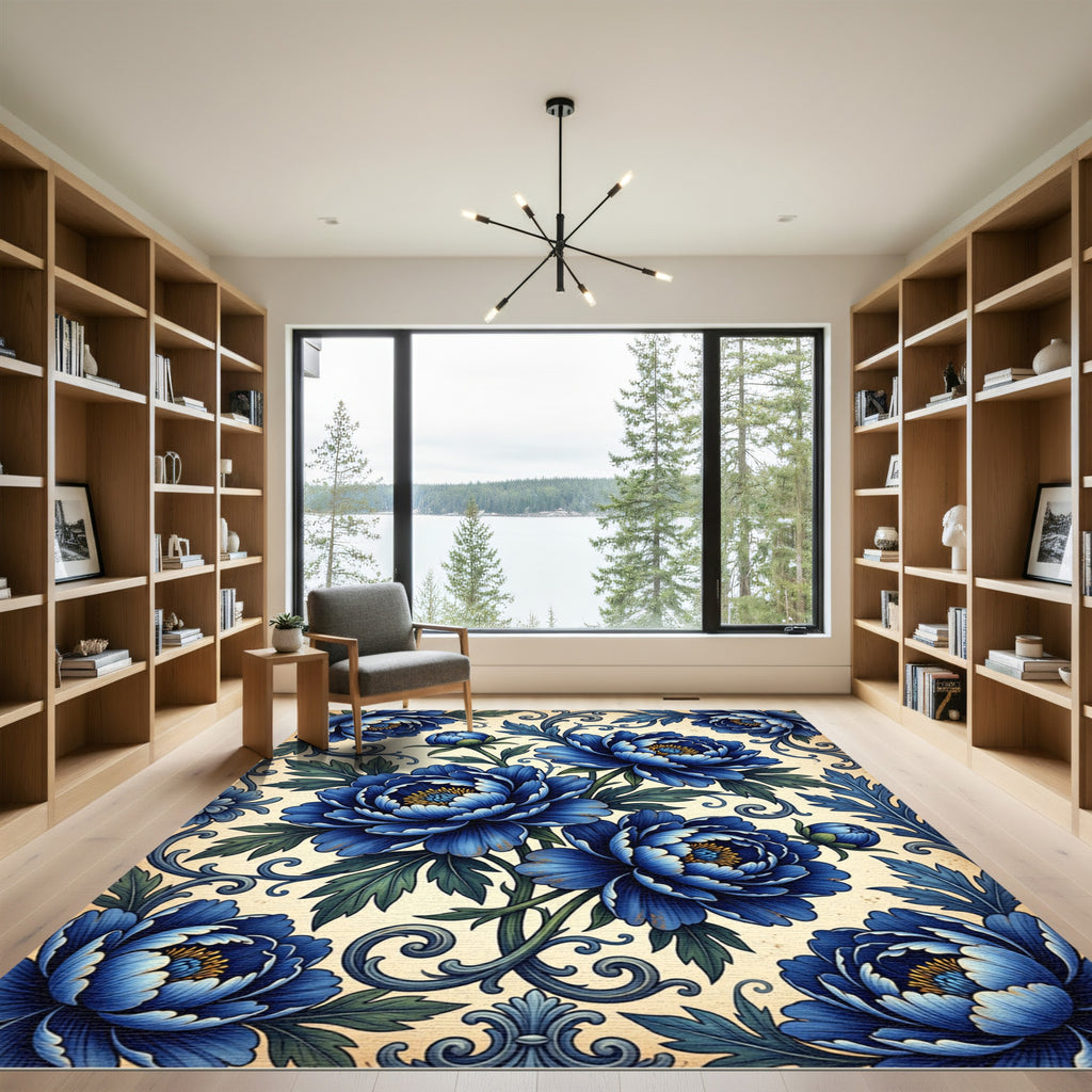 Emerald Green Blue Floral Scroll Rug