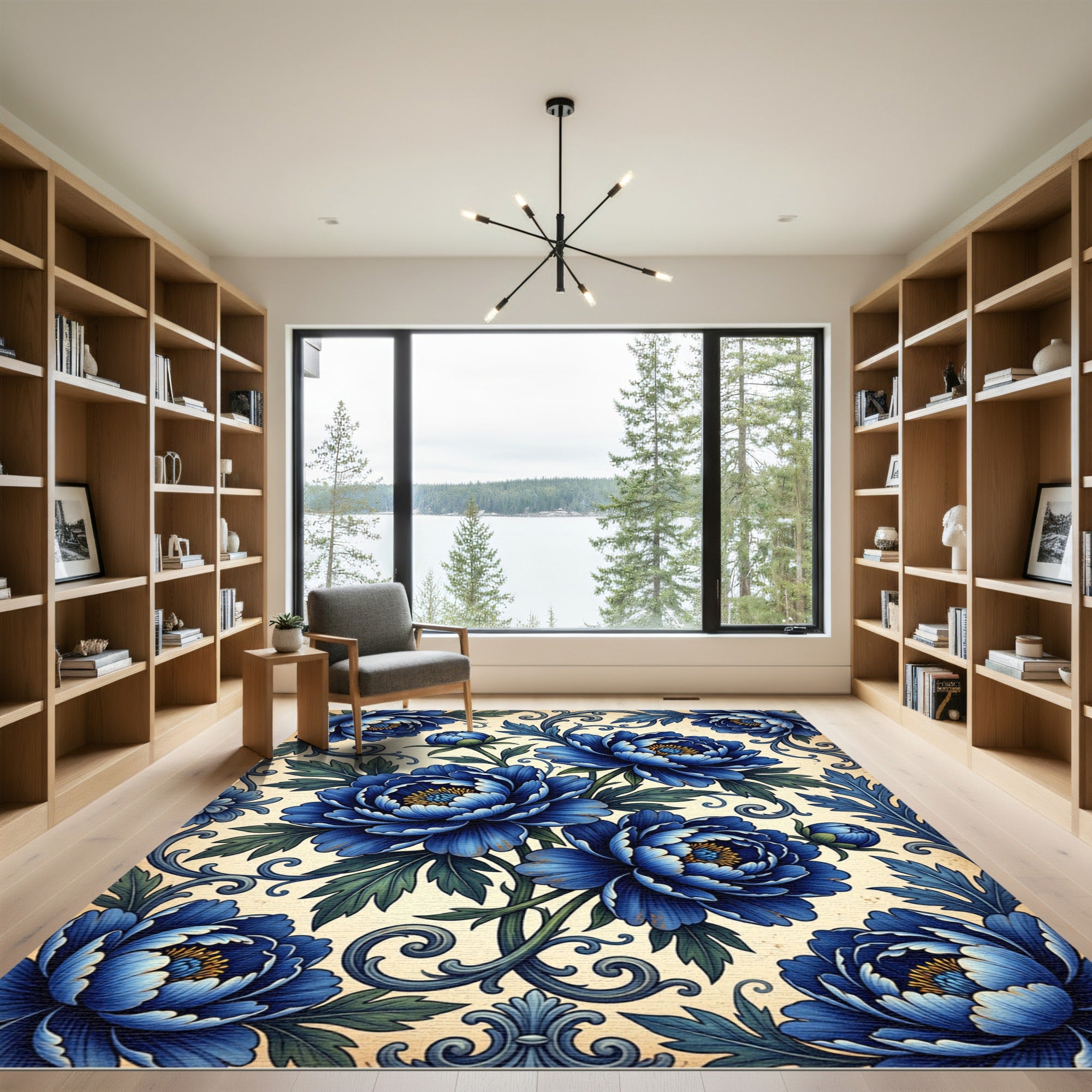Emerald Green Blue Floral Scroll Rug