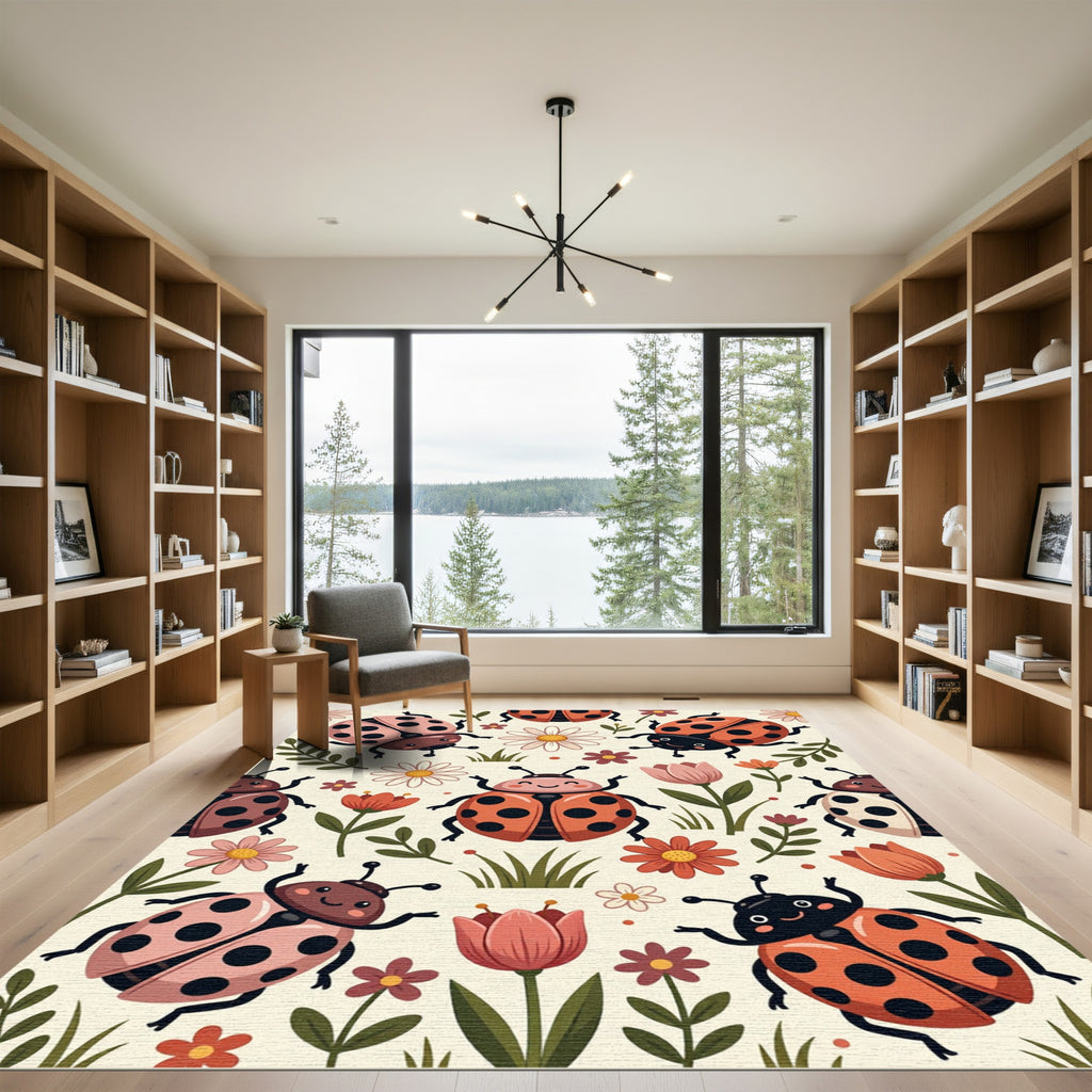 Cheerful Ladybugs With Daisies And Tulips Rug