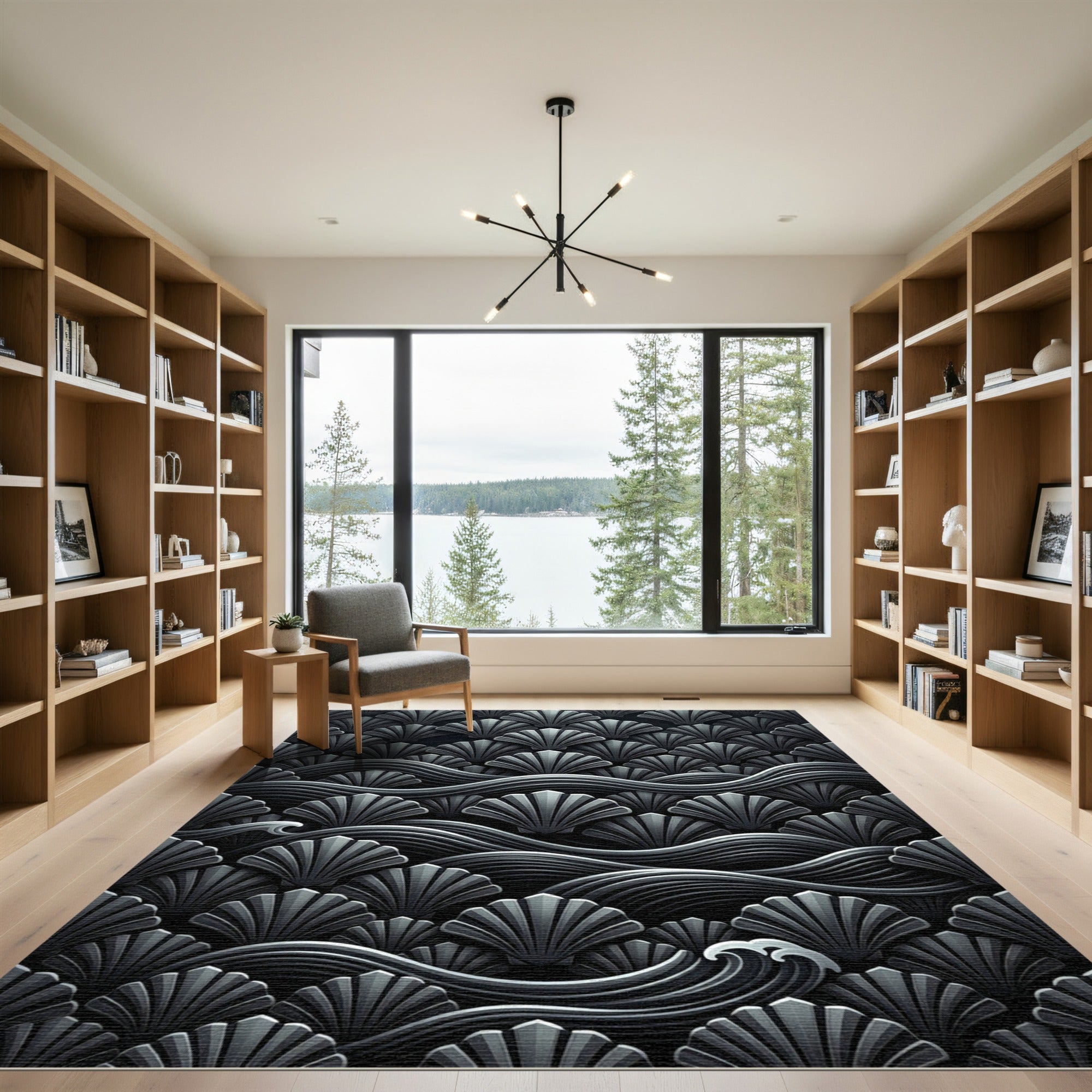 Monochromatic Gray Shell Wave Pattern Rug