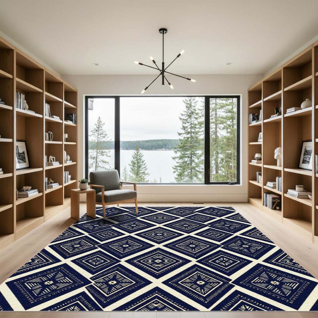 Navy Blue Geo Diamond Folk Art Rug